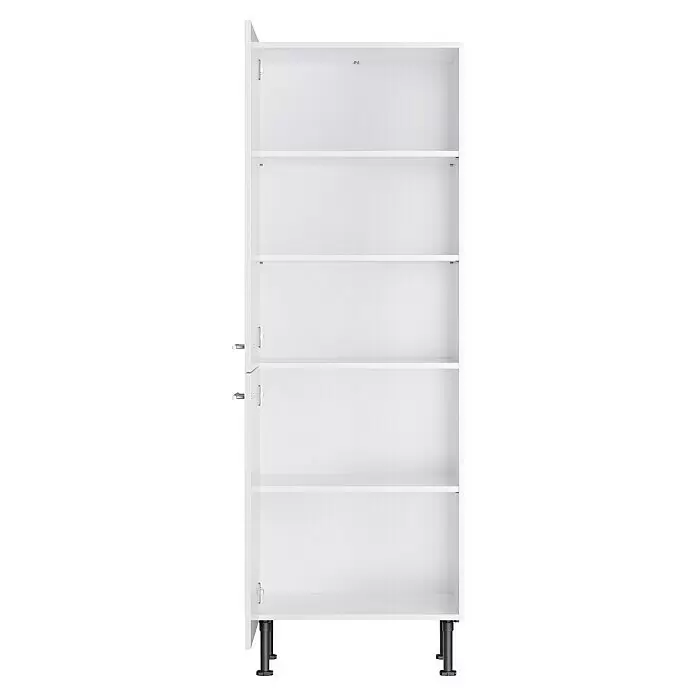 Optifit Midischrank Optikomfort Rurik986 - L x B x H: 58,1 x 60 x 176,6 cm, Glanz Lack Weiß - Weißer offener Schrank mit fünf Regalböden und verstellbaren schwarzen Füßen, zur Aufbewahrung.