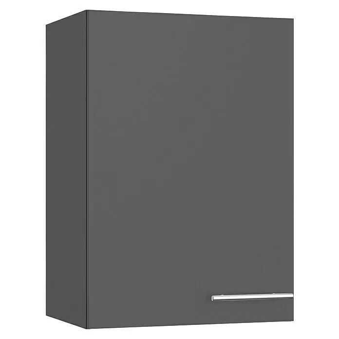 Optifit Hängeschrank Ingvar420 - L x B x H: 34,6 x 50 x 70,4 cm, Anthrazit matt - Dunkelgrauer Wandschrank mit einer Tür und silbernem Griff.