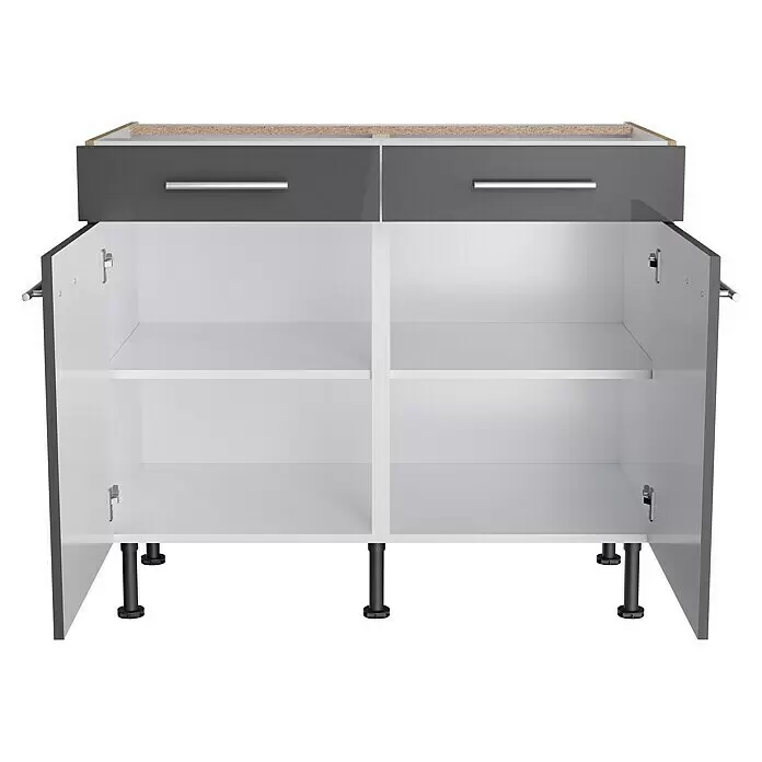 Optifit Unterschrank Jonte984 - L x B x H: 58,1 x 100 x 87 cm, Glanz Lack Anthrazit - Offener grau-weißer Küchenunterschrank mit zwei Schubladen und zwei Innenregalen, ausgestattet mit silbernen Griffen und verstellbaren schwarzen Füßen.