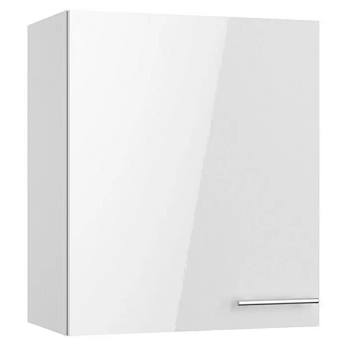 Optifit Hängeschrank Optikomfort Rurik986 - L x B x H: 34,6 x 60 x 70,4 cm, Glanz Lack Weiß - Weißer Hochglanz-Küchenwandschrank mit silbernem Stangengriff.