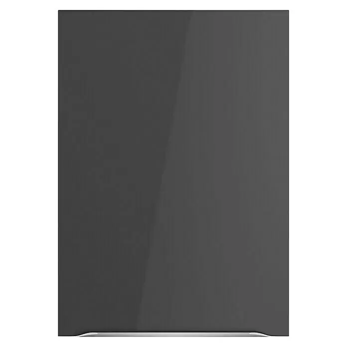 Optifit Hängeschrank Optikomfort Linus984 - L x B x H: 34,6 x 50 x 70,4 cm, Glanz Lack Anthrazit - Glänzende dunkelgraue rechteckige Platte mit einer Spiegelung.