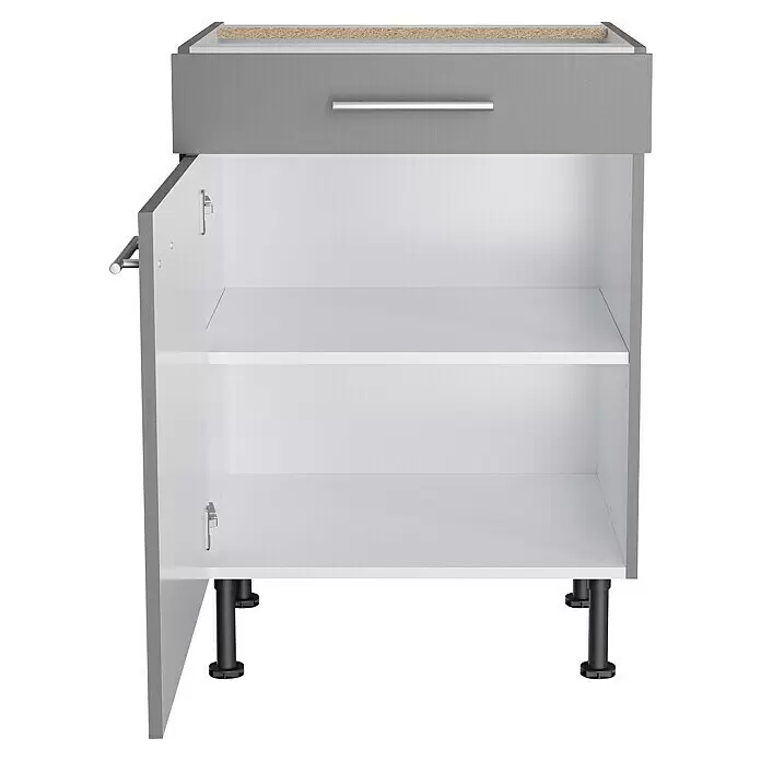Optifit Unterschrank Optikomfort Mats825 - L x B x H: 58,1 x 60 x 87 cm, Basaltgrau - Offener Küchenunterschrank mit grauer Schublade, Tür, weißen Einlegeböden und verstellbaren Füßen.