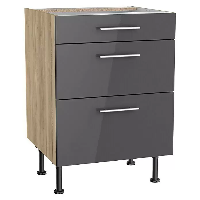 Optifit Unterschrank Jonte984L x B x H: 58,1 x 60 x 87 cm, Glanz Lack Anthrazit, Mit 3 Schubkästen