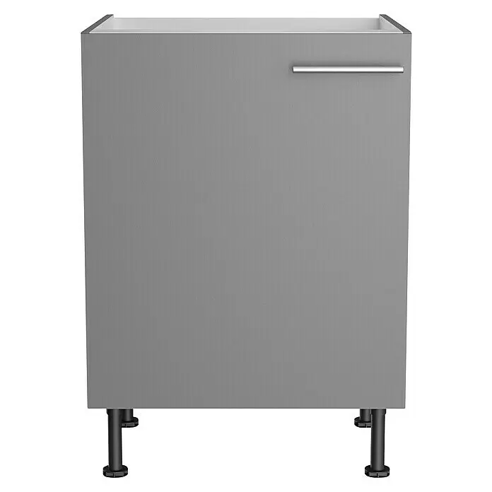 Optifit Spülenunterschrank Optikomfort Mats825 - B x T x H: 60 x 58,1 x 87 cm, Basaltgrau - Grauer Küchenunterschrank mit silbernem Griff und schwarzen verstellbaren Füßen.