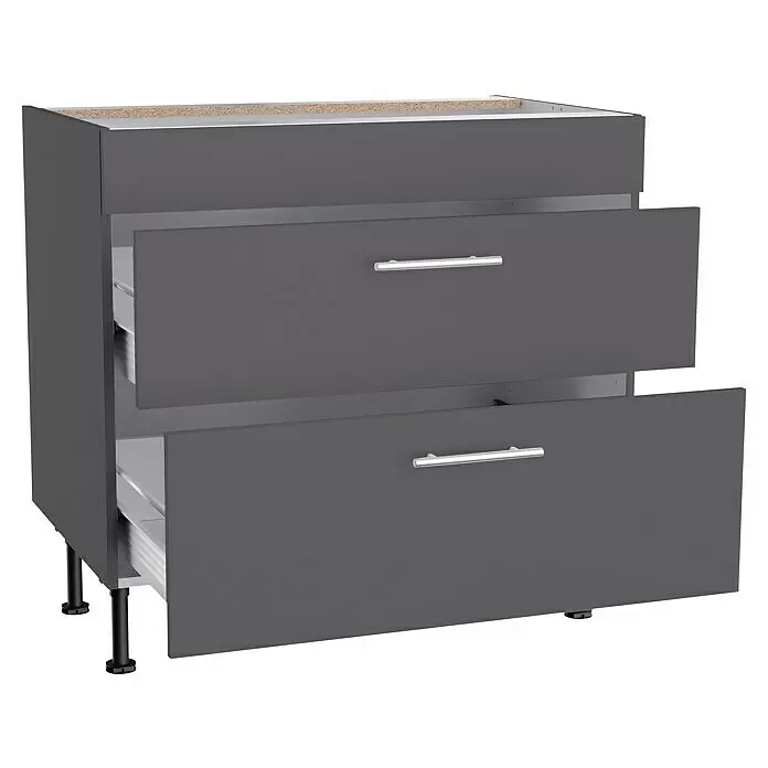 Optifit Küchen-Unterschrank Ingvar420 - L x B x H: 58,1 x 90 x 87 cm, Anthrazit matt, Für Kochfeld - Anthrazitfarbener Küchenunterschrank mit zwei teilweise geöffneten Schubladen und silbernen Griffen auf verstellbaren Füßen.