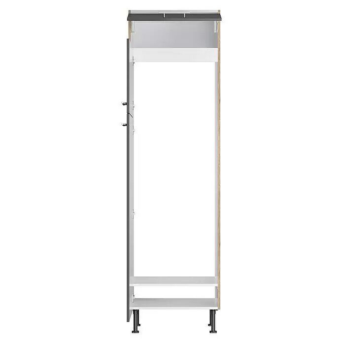 Optifit Hochschrank Jonte984 - L x B x H: 58,1 x 60 x 211,8 cm, Glanz Lack Anthrazit, Für integrierbare Kühl-Gefrierkombination - Weißer Schrankkorpus mit dunkelgrauer Platte, Holzseitenwand und verstellbaren Füßen.