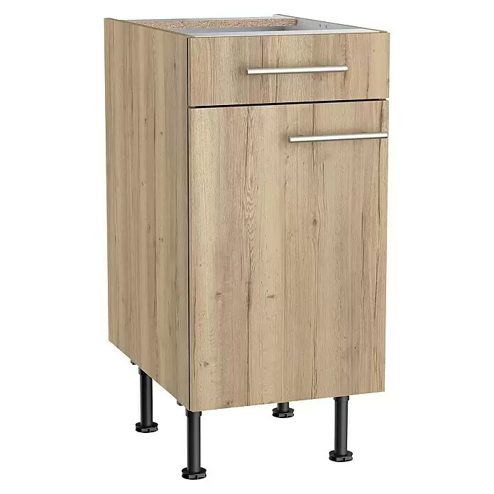 Optifit Unterschrank Erik290 - L x B x H: 58,1 x 40 x 87 cm, Nachbildung Wildeiche - Heller Eicheneffekt-Unterschrank mit Schublade, Tür, silbernen Griffen und schwarzen, verstellbaren Beinen.