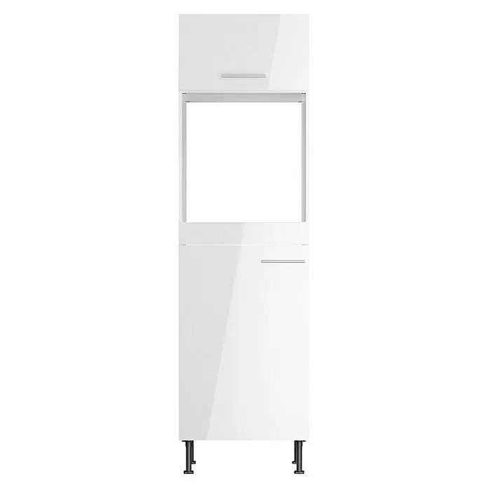 Optifit Geräteumbauschrank Optikomfort Rurik986 - L x B x H: 58,1 x 60 x 211,8 cm, Glanz Lack Weiß, Für Backofen und integrierbaren Kühlschrank - Weißer Hochglanz-Küchenunterschrank mit zwei Schubladen, offenem Fach und schwarzen verstellbaren Füßen.