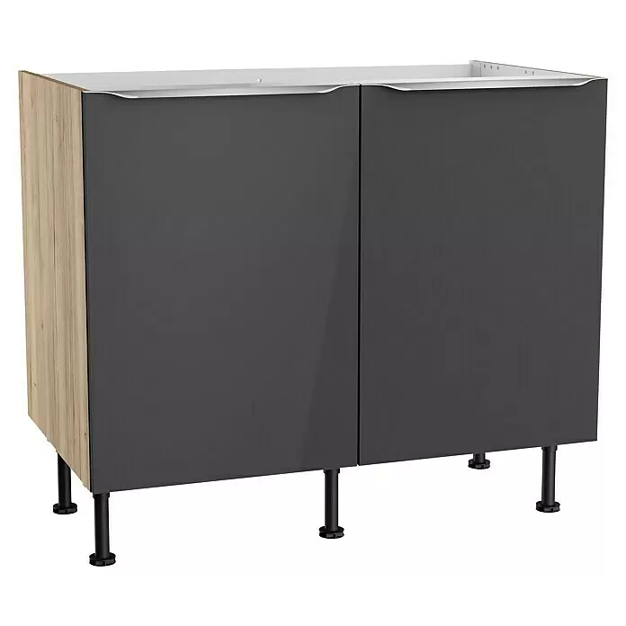 Optifit Spülenunterschrank Optikomfort Linus984 - B x T x H: 100 x 58,1 x 87 cm, Glanz Lack Anthrazit - Zweitüriger Küchenunterschrank mit Holzoptik-Seitenwand, dunkelgrauen Hochglanztüren, weißen integrierten Griffen und schwarzen verstellbaren Beinen.