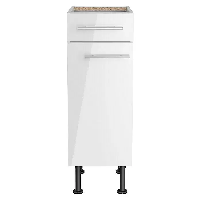 Optifit Küchen-Unterschrank Optikomfort Rurik986 - L x B x H: 58,1 x 30 x 87 cm, Glanz Lack Weiß - Weißer Hochglanz-Küchenunterschrank mit zwei Schubladen, silbernen Griffen und schwarzen verstellbaren Füßen.