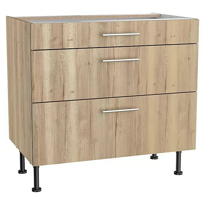 Optifit Küchen-Unterschrank Erik290 - L x B x H: 58,1 x 90 x 87 cm, Mit 3 Schubkästen - Kommode in heller Holzoptik mit drei Schubladen, silbernen Griffen und schwarzen Beinen.