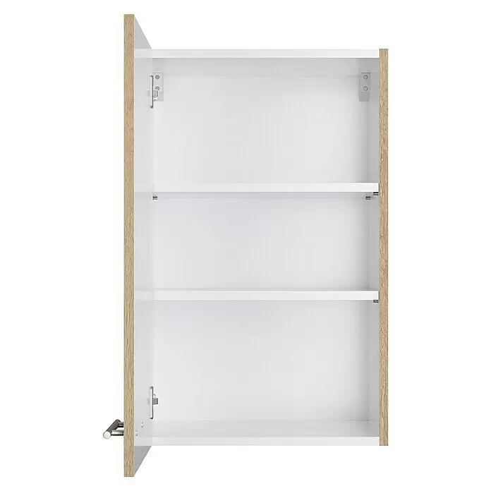 Optifit Hängeschrank Erik290 - L x B x H: 34,6 x 45 x 70,4 cm, Nachbildung Wildeiche - Offener weißer Schrank mit hellen Holzseiten und zwei verstellbaren Einlegeböden.