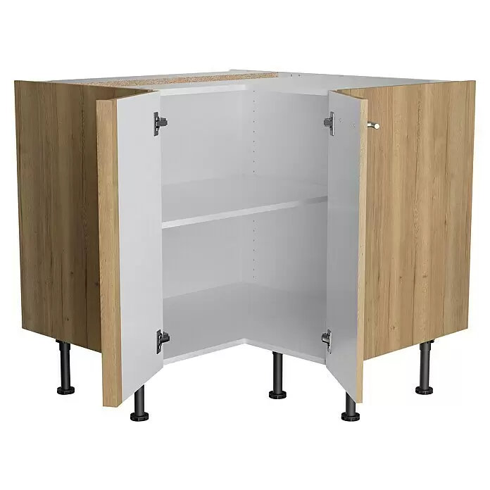 Optifit Küchen-Eck-Unterschrank Erik290 - L x B x H: 58,1 x 90 x 87 cm - Offener Eckunterschrank mit heller Holzoptik außen, weißen Einlegeböden innen und verstellbaren schwarzen Beinen.