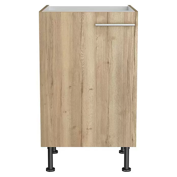 Optifit Spülenunterschrank Erik290 - L x B x H: 58,1 x 50 x 87 cm, Nachbildung Wildeiche - Freistehender heller Holzunterschrank mit silbernem Stangengriff und schwarzen Stützbeinen.