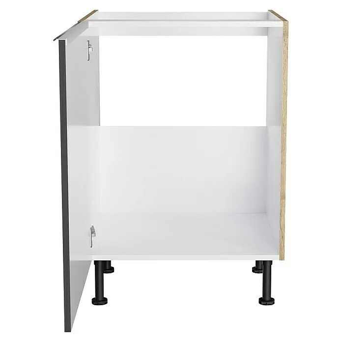 Optifit Spülenunterschrank Optikomfort Linus984 - B x T x H: 60 x 58,1 x 87 cm, Glanz Lack Anthrazit - Weißer Küchenunterschrankrahmen mit dunkelgrauer Blende, schwarzen verstellbaren Füßen und Holzoptik-Kanten.