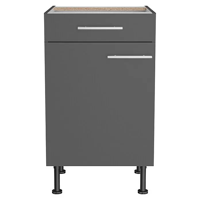 Optifit Küchen-Unterschrank Ingvar420 - L x B x H: 58,1 x 50 x 87 cm, Anthrazit matt - Dunkelgrauer Küchenunterschrank mit zwei silbernen Griffen, schwarzen verstellbaren Beinen und einer unbehandelten Oberseite für eine Arbeitsplatte.