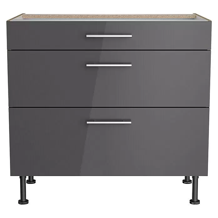 Optifit Unterschrank Jonte984L x B x H: 58,1 x 90 x 87 cm, Glanz Lack Anthrazit, Mit 3 Schubkästen