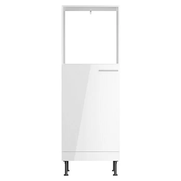 Optifit Geräteumbauschrank Optikomfort Rurik986 - L x B x H: 58,1 x 60 x 176,6 cm, Glanz Lack Weiß, Für Einbaubackofen und integrierbaren Kühlschrank - Weißer Hochglanz-Unterschrank mit silbernem Griff, schwarzen Stellfüßen und einem offenen Oberfach.
