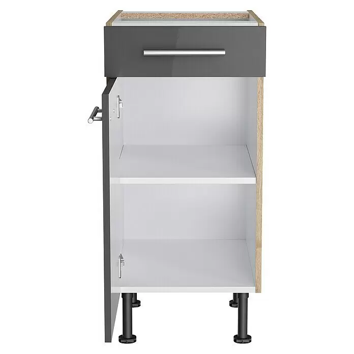Optifit Unterschrank Jonte984 - L x B x H: 58,1 x 40 x 87 cm, Glanz Lack Anthrazit - Offener Küchenunterschrank in Grau-Weiß mit Schublade, zwei Regalböden und verstellbaren schwarzen Füßen.