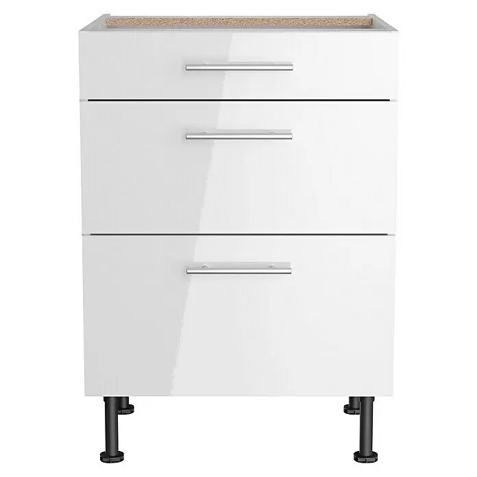 Optifit Küchen-Unterschrank Optikomfort Rurik986 - L x B x H: 58,1 x 60 x 87 cm, Glanz Lack Weiß, Mit 3 Schubkästen - Weißer Hochglanz-Unterschrank mit 3 Schubladen, silbernen Griffen und schwarzen Füßen.