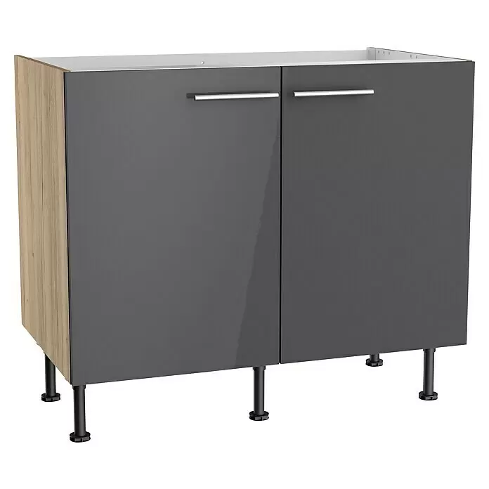 Optifit Spülenunterschrank Jonte984 - L x B x H: 58,1 x 100 x 87 cm, Glanz Lack Anthrazit - Zweitüriger, dunkelgrau glänzender Unterschrank mit heller Holzseitenplatte, silbernen Griffen und vier schwarzen, verstellbaren Füßen.