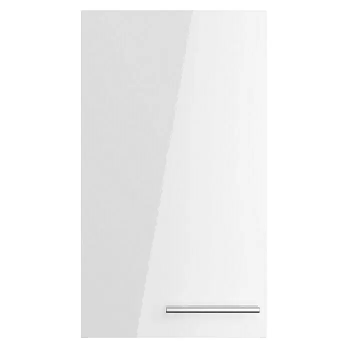 Optifit Hängeschrank Optikomfort Rurik986 - L x B x H: 34,6 x 40 x 70,4 cm, Glanz Lack Weiß - Weiße, hochglänzende Schranktür mit einem silbernen Griff.