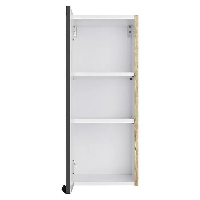 Optifit Hängeschrank Optikomfort Linus984 - L x B x H: 34,6 x 30 x 70,4 cm, Glanz Lack Anthrazit - Schrankinneres mit zwei weißen verstellbaren Regalböden, einer dunkelgrauen und einer hellen Holzseite.