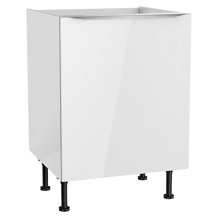 Optifit Spülenunterschrank Optikomfort Arvid 986 - 58,1 x 60 x 87 cm, Glanz Lack Weiß - Weißer Küchenunterschrank mit griffloser Tür und schwarzen verstellbaren Füßen.