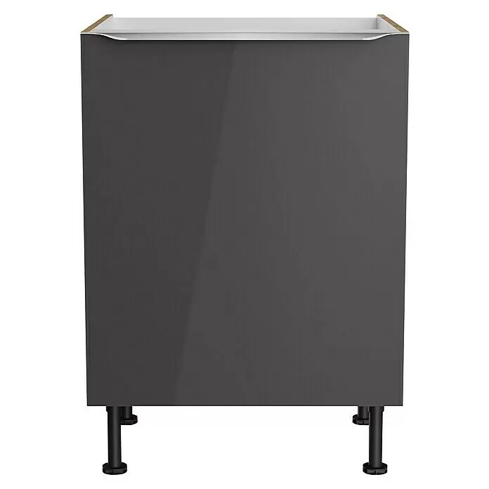 Optifit Spülenunterschrank Optikomfort Linus984 - B x T x H: 60 x 58,1 x 87 cm, Glanz Lack Anthrazit - Dunkelgrauer Hochglanz-Küchenunterschrank mit schwarzen verstellbaren Beinen.