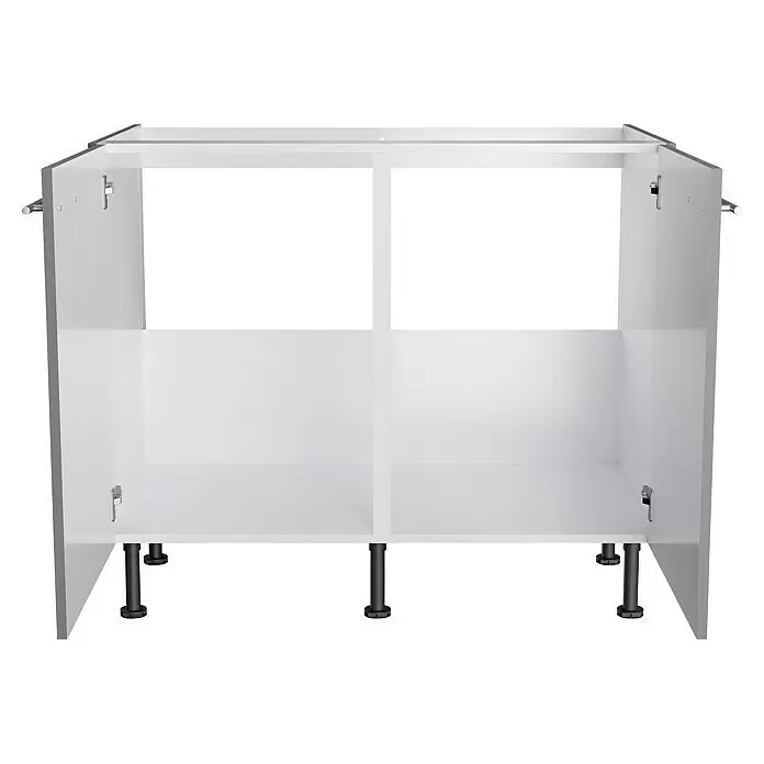 Optifit Spülenunterschrank Optikomfort Mats825 - L x B x H: 58,1 x 100 x 87 cm, Basaltgrau - Weißer modularer Korpus mit geöffneten Türen und schwarzen verstellbaren Füßen.