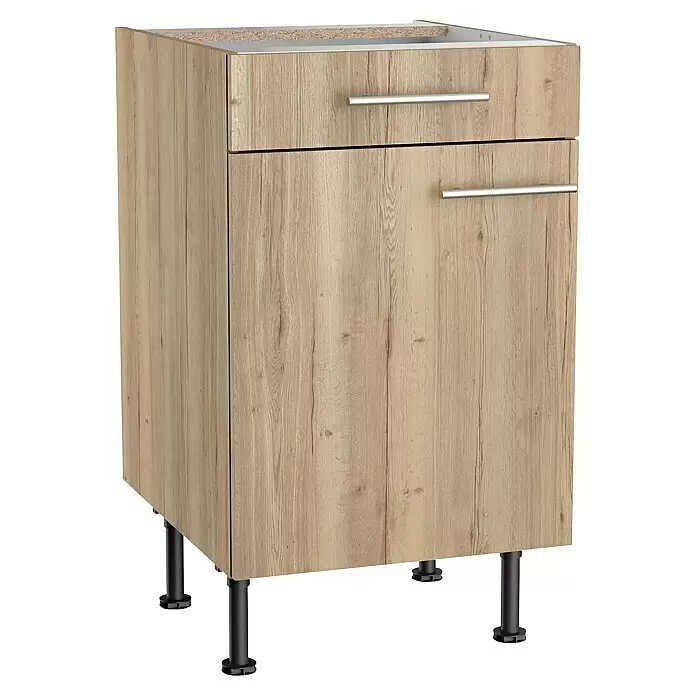 Optifit Unterschrank Erik290 - L x B x H: 58,1 x 50 x 87 cm, Nachbildung Wildeiche - Unterschrank in heller Holzoptik mit zwei Schubladen, silbernen Griffen und schwarzen Beinen. Geeignet für Spülen.