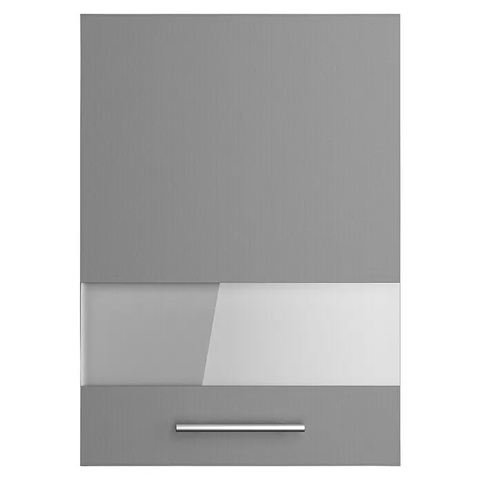 Optifit Glas-Hängeschrank Optikomfort Mats825 - L x B x H: 34,6 x 50 x 70,4 cm, Basaltgrau - Graue Küchenfront mit mattierter Glasscheibe und silbernem Metallgriff.