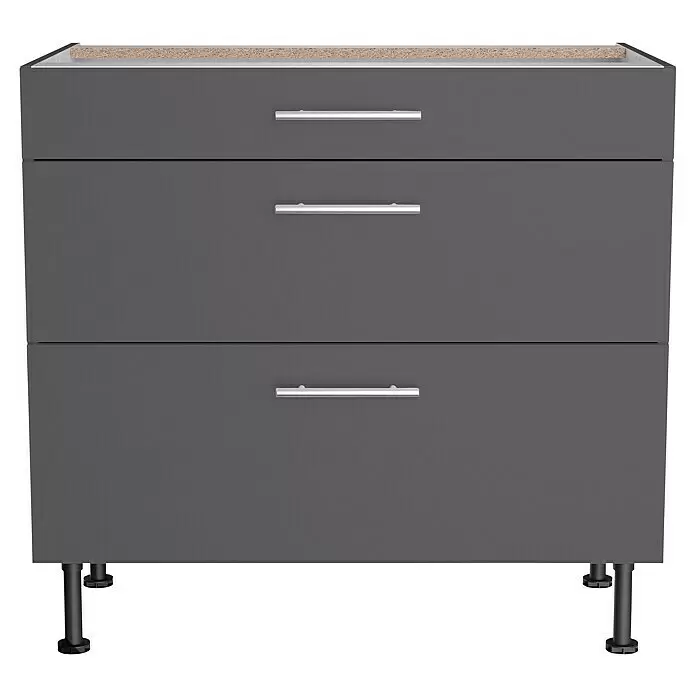 Optifit Küchen-Unterschrank Ingvar420 - L x B x H: 58,1 x 90 x 87 cm, Anthrazit matt, Mit Schubkästen - Dunkelgrauer Unterschrank mit drei Schubladen, silbernen Griffen und schwarzen Standfüßen.
