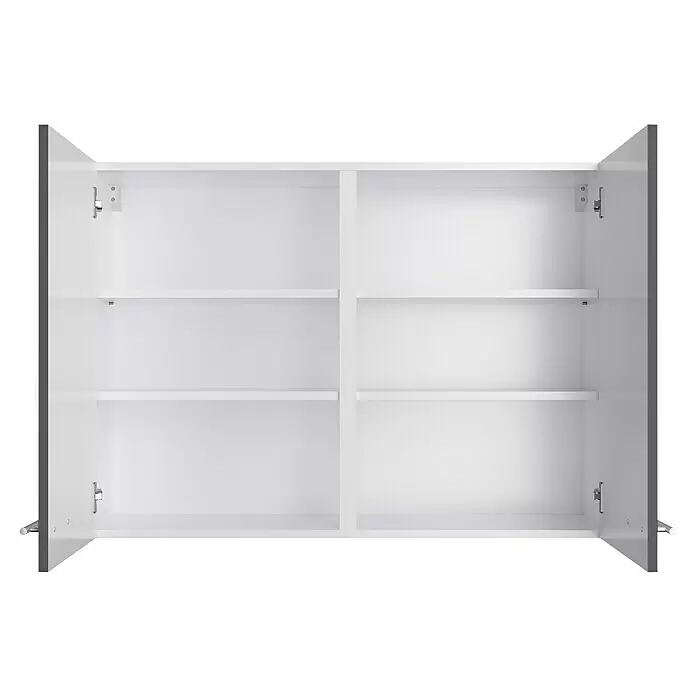 Optifit Hängeschrank Ingvar420 - L x B x H: 34,6 x 100 x 70,4 cm, Anthrazit matt - Offener weißer Schrank mit grau umrandeten Türen und Innenregalen.