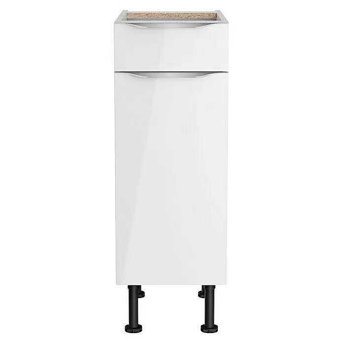 Optifit Küchen-Unterschrank Optikomfort Arvid 986 - 58,1 x 30 x 87 cm, Glanz Lack Weiß, Mit Schubkasten - Weißer Hochglanz-Küchenunterschrank mit grifflosem Schubkasten und Tür, auf schwarzen verstellbaren Füßen.