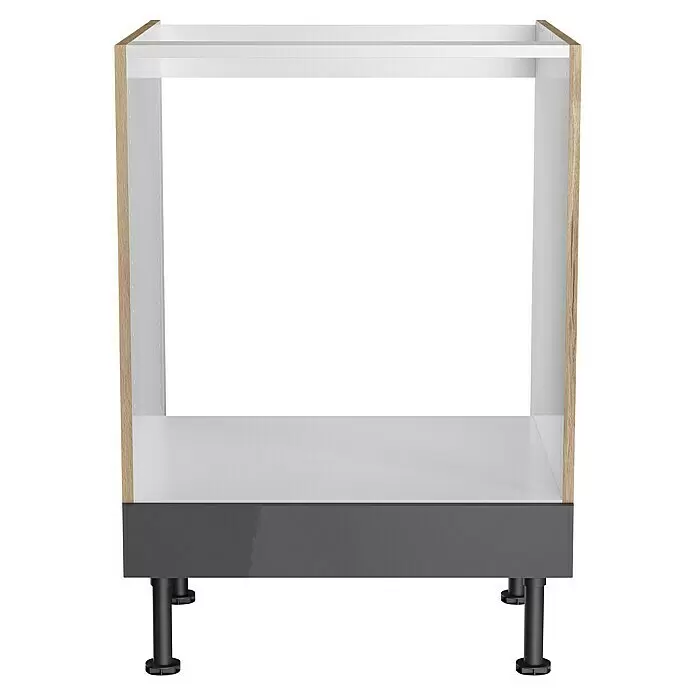 Optifit Geräteumbauschrank Jonte984 - L x B x H: 58,1 x 60 x 87 cm, Glanz Lack Anthrazit - Weißer Küchenunterschrankrahmen mit Holzoptik-Seiten, grauer Sockelblende und schwarzen Stellfüßen.