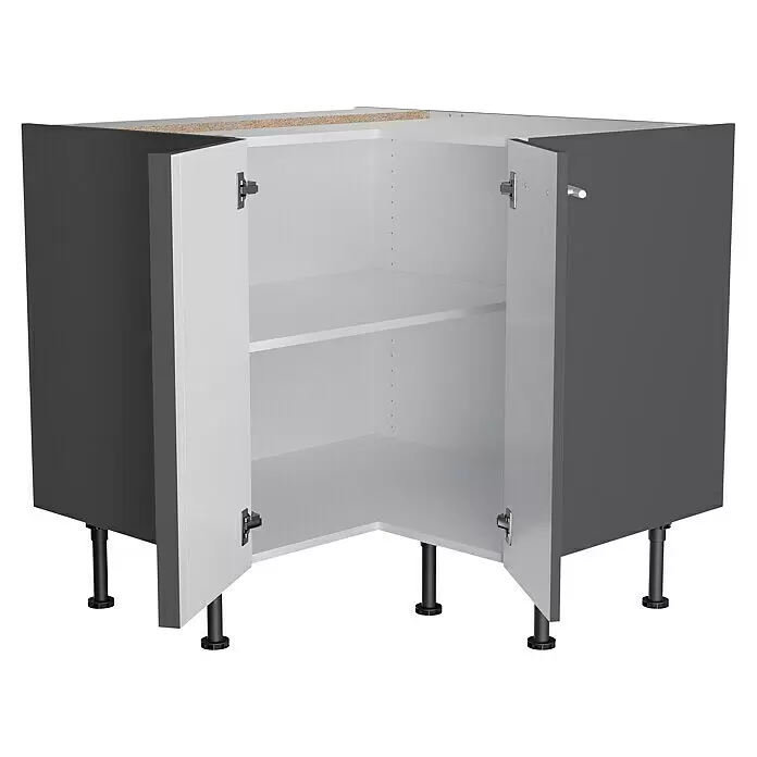 Optifit Küchen-Eck-Unterschrank Ingvar420 - L x B x H: 58,1 x 90 x 87 cm, Anthrazit matt - Dunkelgrauer Eckunterschrank mit weißem Innenraum, offen mit Regalböden, auf verstellbaren Füßen.