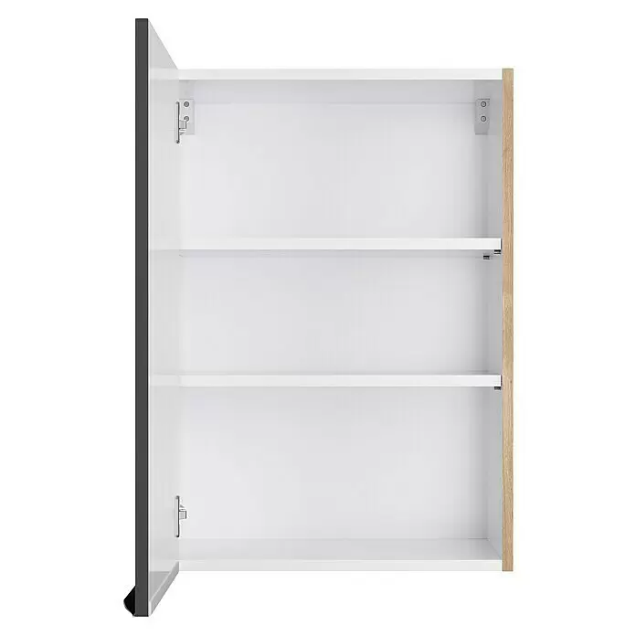 Optifit Hängeschrank Optikomfort Linus984 - L x B x H: 34,6 x 50 x 70,4 cm, Glanz Lack Anthrazit - Weißer offener Schrank mit dunkelgrauen und Holzdekor-Seitenwänden, drei verstellbaren Einlegeböden und sichtbaren Scharnieren.