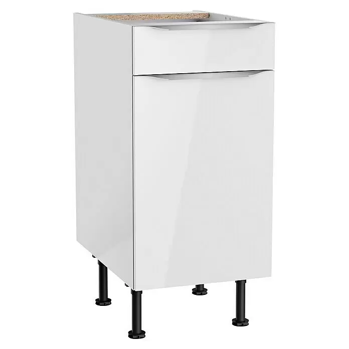 Optifit Unterschrank Optikomfort Arvid 986 - 58,1 x 40 x 87 cm, Glanz Lack Weiß, Mit Schubkasten - Weißer Hochglanz-Unterschrank mit Schublade oben und Tür unten auf schwarzen Beinen. Mit sichtbarer Holzplatte, bereit für Arbeitsplatte.