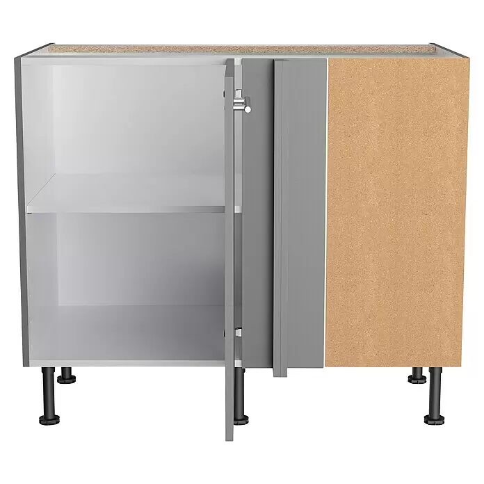 Optifit Eck-Unterschrank Optikomfort Mats825 - L x B x H: 58,4 x 100 x 87 cm, Basaltgrau - Weißer Küchenunterschrank mit grauen Türen, einem Einlegeboden und verstellbaren Füßen. Eine Tür ist leicht geöffnet, zeigt eine rohe Holzseite.
