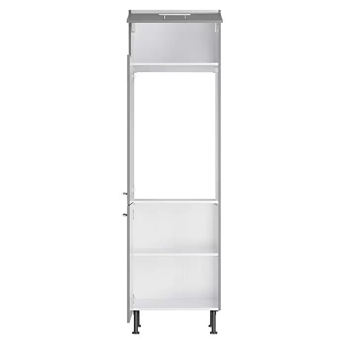 Optifit Küchen-Hochschrank Optikomfort Mats825 - L x B x H: 58,1 x 60 x 211,8 cm, Basaltgrau, Platz integrierbaren Kühlschrank - Weißer offener Schrank mit grauer Oberseite und Sockel, mit mehreren Einlegeböden und silberfarbenen Metallfüßen.