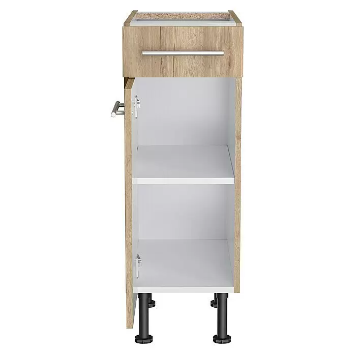 Optifit Unterschrank Erik290 - L x B x H: 58,1 x 30 x 87 cm, Nachbildung Wildeiche - Unterschrank in heller Holzoptik mit einer Schublade und offenem Fach mit weißem Einlegeboden auf schwarzen Beinen.