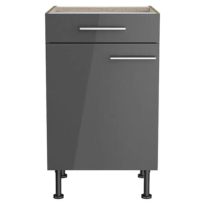 Optifit Unterschrank Jonte984 - L x B x H: 58,1 x 50 x 87 cm, Glanz Lack Anthrazit - Dunkelgrauer Hochglanz-Küchenunterschrank mit Schublade, Tür, silbernen Griffen und schwarzen Standfüßen. Oberseite mit roher Spanplatte.