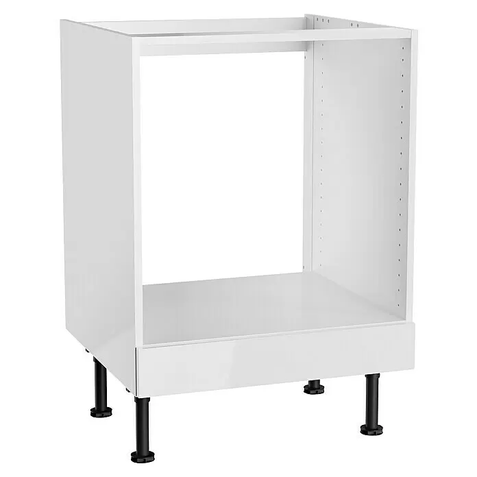 Optifit Herd-Umbauschrank Optikomfort Arvid 986 - 58,1 x 60 x 87 cm, Glanz Lack Weiß, Für Backofen - Weißer Unterschrank-Korpus mit schwarzen, verstellbaren Füßen.
