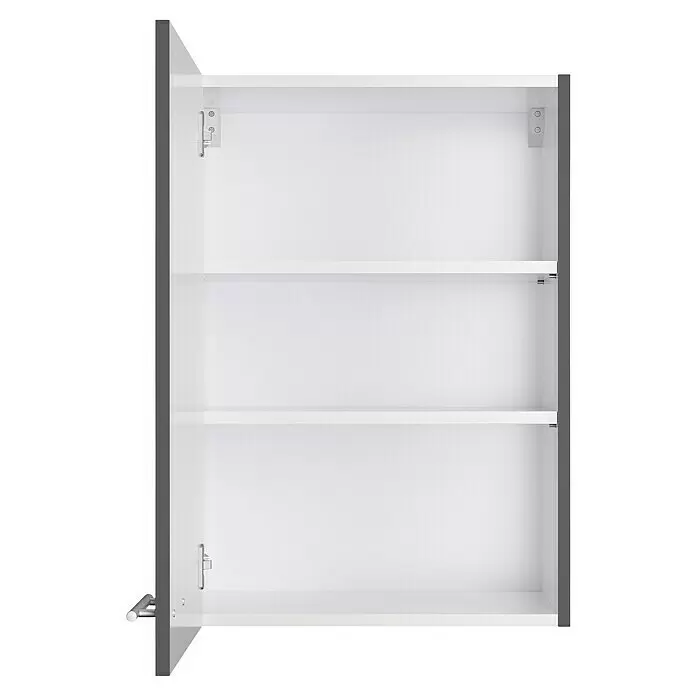 Optifit Hängeschrank Ingvar420 - L x B x H: 34,6 x 50 x 70,4 cm, Anthrazit matt - Weißer Schrank mit dunkelgrauer Seite, offen mit zwei inneren Regalböden.