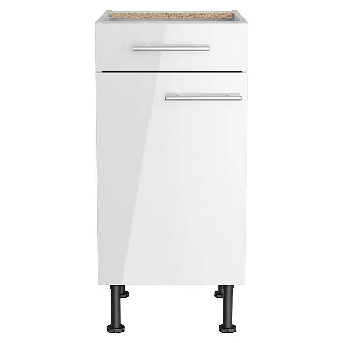 Optifit Unterschrank Optikomfort Rurik986 - L x B x H: 58,1 x 40 x 87 cm, Glanz Lack Weiß - Weißer Hochglanz-Küchenunterschrank mit Schublade, Tür und silbernen Griffen, auf schwarzen Füßen. Spanplattenoberseite für Arbeitsplatte.