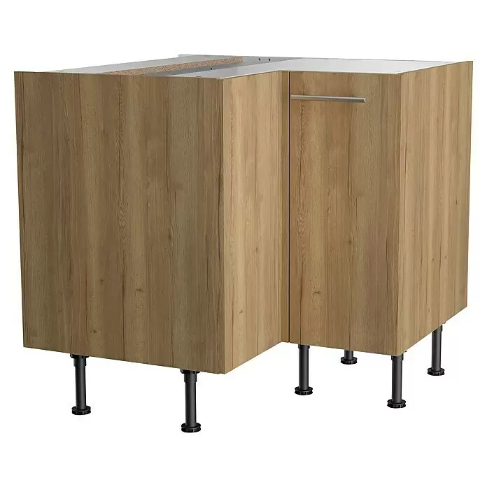Optifit Küchen-Eck-Unterschrank Erik290 - L x B x H: 58,1 x 90 x 87 cm - Heller Eckunterschrank in Holzoptik mit silbernem Griff und schwarzen Füßen, bereit für eine Arbeitsplatte.