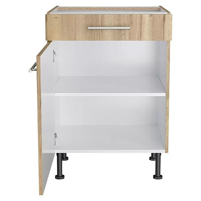 Optifit Unterschrank Erik290 - L x B x H: 58,1 x 60 x 87 cm, Nachbildung Wildeiche - Küchenunterschrank in heller Holzmaserung mit offener Tür, Schublade, Einlegeböden, Metallgriff und verstellbaren Füßen.