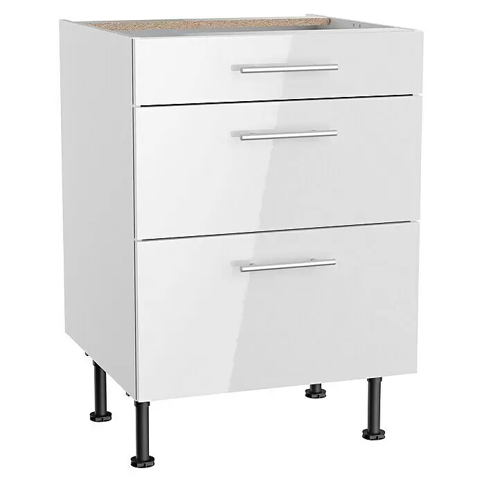 Optifit Küchen-Unterschrank Optikomfort Rurik986 - L x B x H: 58,1 x 60 x 87 cm, Glanz Lack Weiß, Mit 3 Schubkästen - Weißer Schrank mit drei Hochglanzschubladen, silbernen Griffen und schwarzen, verstellbaren Füßen.