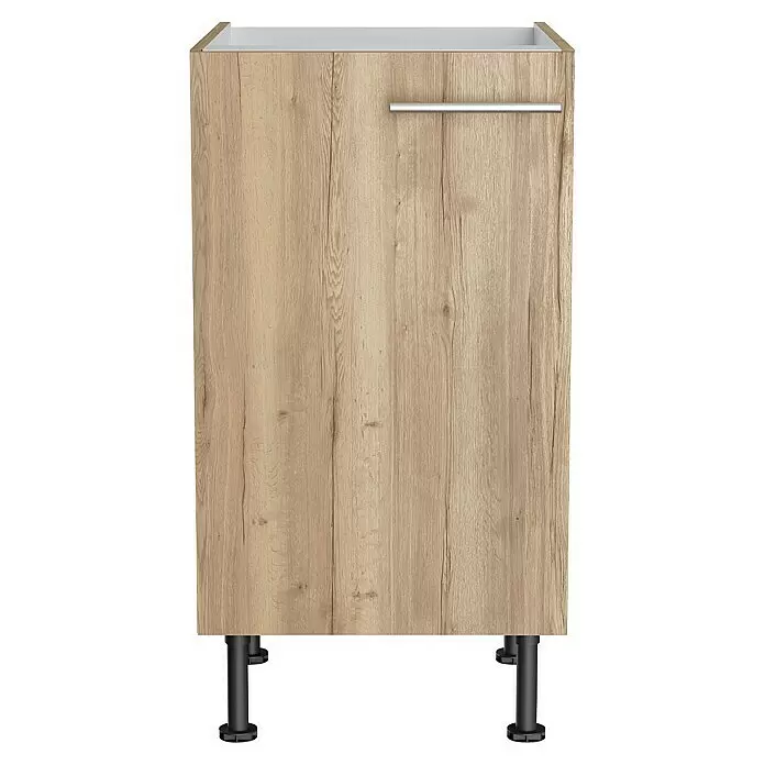 Optifit Spülenunterschrank Erik290 - L x B x H: 58,1 x 45 x 87 cm, Nachbildung Wildeiche - Helles Unterschrank mit Holzmaserung, silbernem Griff und schwarzen Füßen.